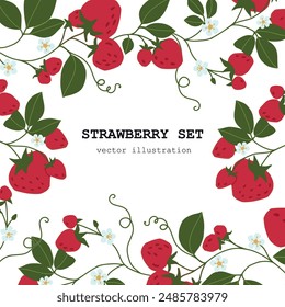 Isolated set of hand drawn strawberry. Vector Floral print. Sketch fresh juicy berries with leaves and flowers. fruit print .Vector cartoon minimalistic style  illustration. Doodle background pattern