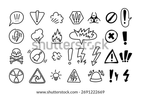 Isolated set of hand-drawn black-and-white doodle icons for alerts, warnings danger signals. Exclamation mark, stop sign, human skull crossed bones, ringing bell attention elements vector illustration