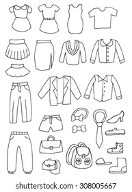Isolated set with hand-drawn funny cute cartoon clothing