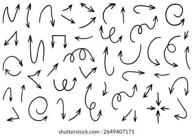 Einziger Satz handgezeichneter Markierungspfeile verschiedener Formen und Richtungen. Grafikelemente im Doodle-Stil für Richtung, Zeiger, Symbol oder Designdekoration