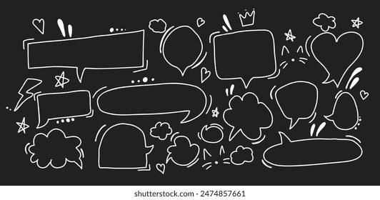 Isolated set of hand-drawn white speech bubbles doodles on a dark background. Creative communication and social expression