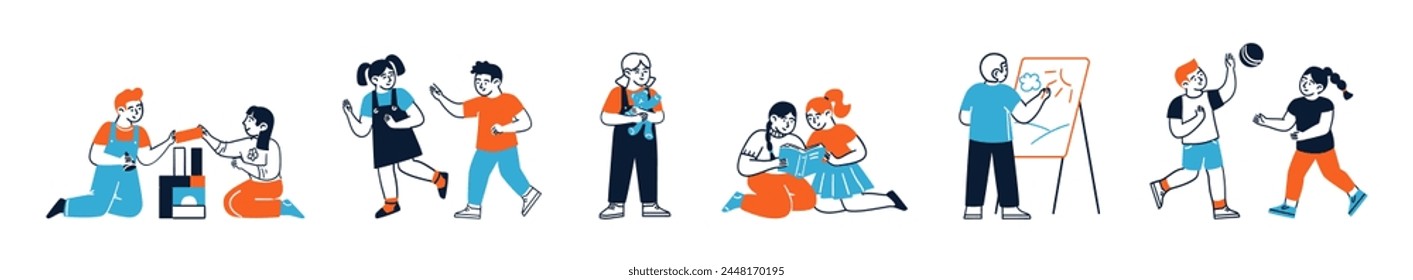 Isolated set of happy children characters enjoying kindergarten activity