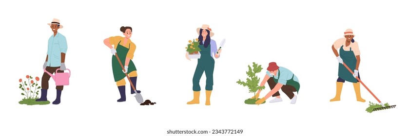 Isolated set of happy people gardening planting flower and trees seedlings, growing houseplants