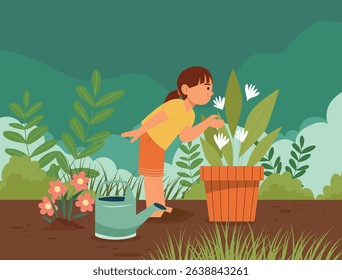 Isolated set of happy people gardening planting flower and trees seedlings, growing houseplants