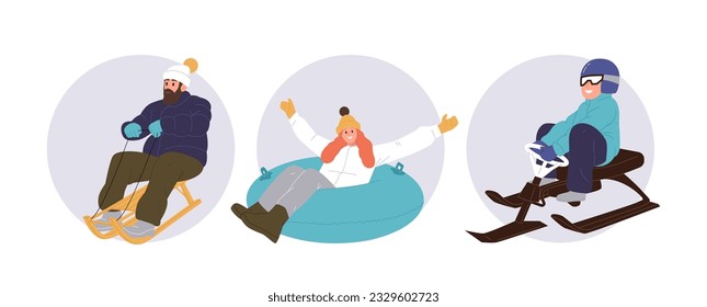 Isolated set of happy people having fun enjoying outdoor sport activity during winter holidays