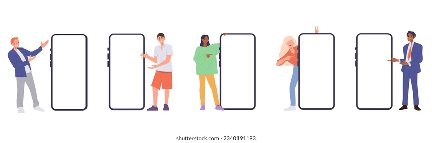 Isolated set of happy tiny people character pointing to huge empty blank mobile phone screen