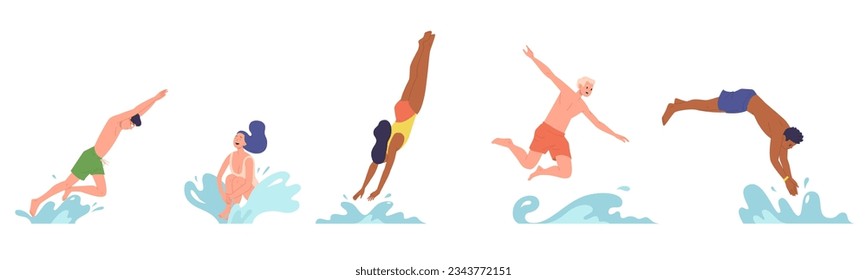 Isolated set of happy young people cartoon character jumping to water in different pose