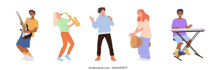 Conjunto aislado de jóvenes felices caricaturistas que tocan varios instrumentos musicales en banda