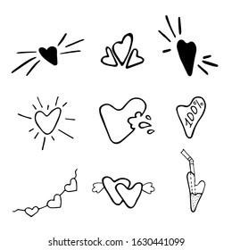  Isolated set hearts. Elements for Valentine's Day. Vector line icons - striped hearts . Blacke colored hearts for february 14 celebration and wedding. Vector illustration.