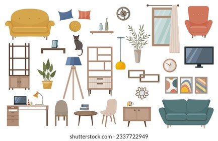 Conjunto aislado de objetos interiores domésticos. Mobiliario casero.
Interior de salón con muebles, mesa, estanterías con libros y flores, lámpara de pie, TV, ordenador. Ilustración vectorial en un estilo plano.