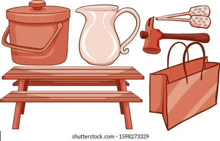 Isolated set of household items in red illustration