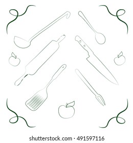 Isolated set icons of kitchenware. Outline style. Perfect kitchen appliances with apples on the white background. Vector illustration. 