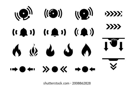 Isolated set of icons for marking firefighting equipment on white background. Collection of fire and bell symbols. Pushing and pulling down. Vector, 10EPS.