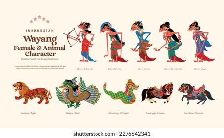 Isolated Set of Indonesian wayang female and animal character flat design illustration