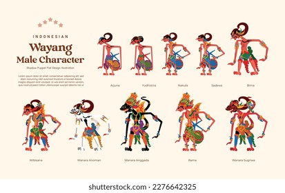 Isolación de conjunto de caracteres wayang masculinos indonesios ilustración de diseño plano