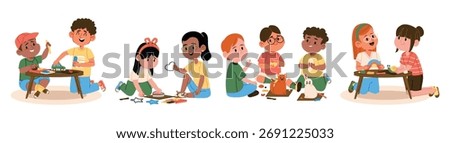 Isolated set of inspired kids characters playing with toy clay plasticine enjoying hands-on art, creative fun, educational craft and imaginative sensory games in kindergarten group vector illustration