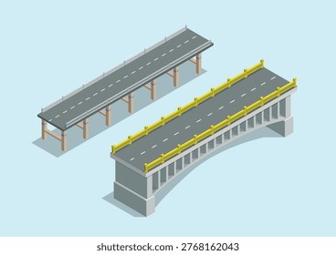 Isolated Set of Isometric Vector Highway Overpass and Concrete Arch Bridge for Transportation and Crossing Connection