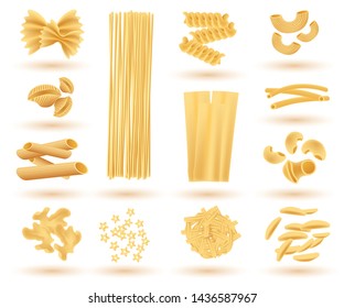 Isolated Set of Italian Pasta. Farfalle, Conchiglie, Linguine, Maccheroni, Penne, Rigate, Spaghetti, Fusilli and Lasagne. Vector Illustration.