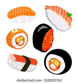 Isolated set of Japanese sushi on a white plate. Sushi with caviar, tuna, shrimp and crab stick. Rolls. For logos and banners. Vector illustration.
