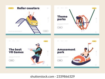 Isolated set of landing page advertising amusement part attraction and entertainments, VR videogames