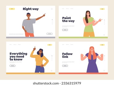 Isolated set of landing page design template with positive people directing, pointing fingers