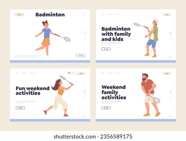 Conjunto aislado de plantillas de diseño de página de inicio publicitando actividades divertidas de badminton al aire libre para personas