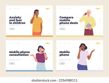 Isolated set of landing page design template with diverse people communicating mobile phone