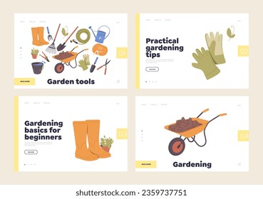 Conjunto aislado de plantilla de diseño de página de aterrizaje con herramienta de jardinería y suministro, consejos y consejos
