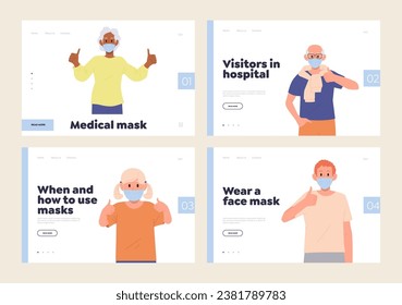 Isolated set of landing page design template providing protective and safety measures for people