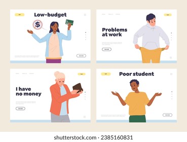 Isolated set of landing page design template with unhappy moneyless poor people cartoon character