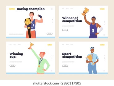 Isolated set of landing page with happy athlete sportsman celebrating victory holding trophy reward