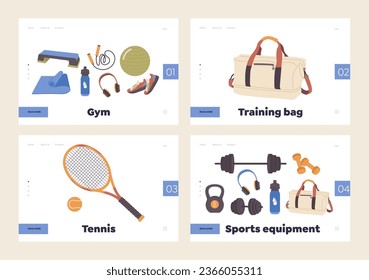 Isolated set of landing page offering sports gym and fitness equipment for training workout