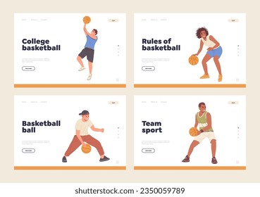 Isolated set of landing page template for online service advertising basketball game and equipment