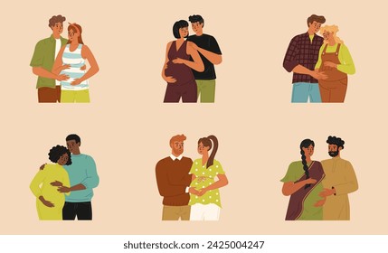 Isolated set of loving couple characters expecting childbirth