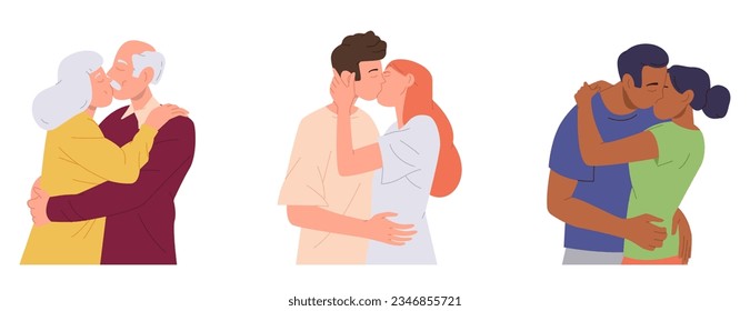 Isolated set of loving couple of different age kissing and hugging together on white background