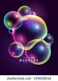 Conjunto aislado de burbujas transparentes mágicas de color arcoiris flotantes. Resumen Ilustración del vector.