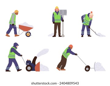 Isolated set of male janitor cartoon characters wearing uniform cleaning street from snow with tools