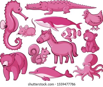 Isolated set of many animals in pink illustration