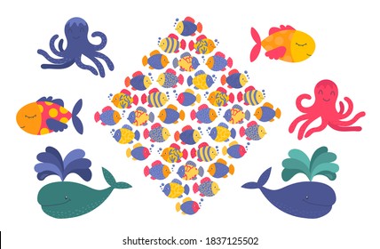 Isolated set with marine animals - fish, octopus, whale. Cute hand drawn sea creatures in kids style. Underwater ocean life. Funny animals collection. 