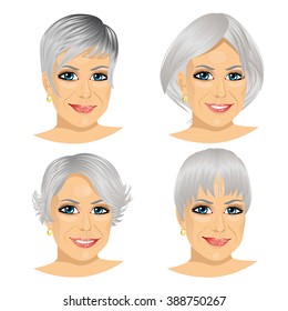 isolated set of mature woman avatar with different hairstyles