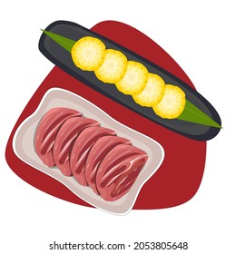 Isolated set of meat sliced dish and corn dish on white background. Hot pot set. Uncooked meat, Asian food ingredients vector illustration.  
