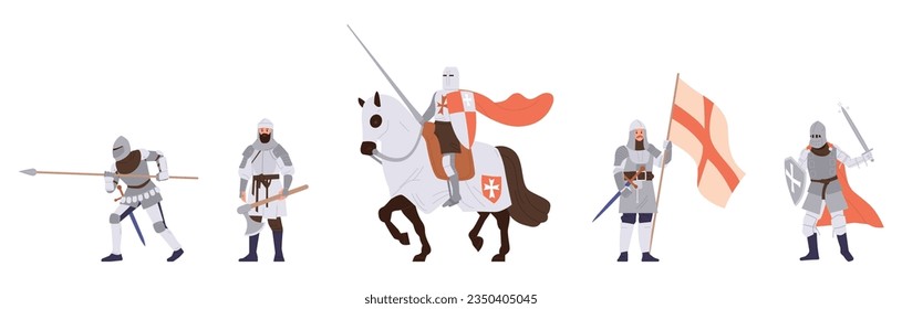 Isolated set of medieval armed knights characters in steel armor with weapons, flag and on horse