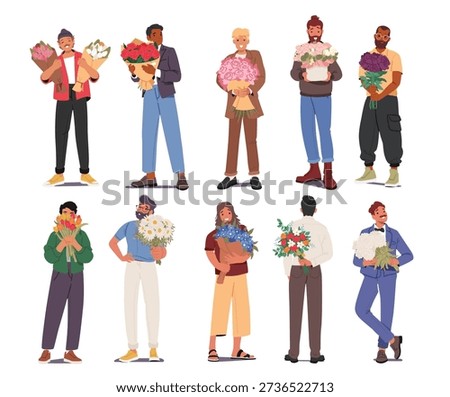 Isolated set of men romantic cartoon characters in full-length portraits holding flower bouquets. Boyfriends, husbands or lovers presenting floral gifts for dates and celebrations vector illustration