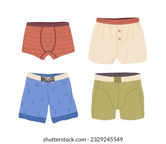 Conjunto aislado de calzoncillos masculinos, pantalones cortos breves y baúles de natación ilustración vectorial sobre blanco