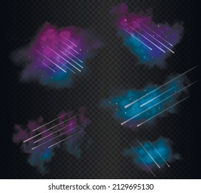 Isolated set of meteoritfall realistic effects. Falling meteors and meteorites with far shining stars inside space mist clouds isolated on dark transparent background. Vector illustration
