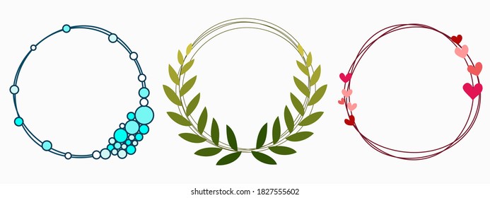 isolated set of minimal decorative wreath childish hand drawing green, blue and pink simple thin lines for background, banner, texture, wallpaper, template, frame, card, cover etc.  vector design