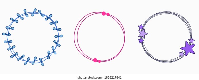 isolated set of minimal decorative wreath childish hand drawing violet, blue and pink simple thin lines for background, banner, texture, wallpaper, template, frame, card, cover etc.  vector design