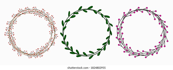 isolated set of minimal floral wreath childish hand drawing green, red and pink colour simple thin lines for background, banner, texture, wallpaper, template, frame, card, cover etc.  vector design