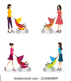 Isolated set of moms with strollers. Mom rolls a stroller. Women walks with a baby in a stroller? Motherhood. Happy young mother with the baby in the pram. Vector flat illustration