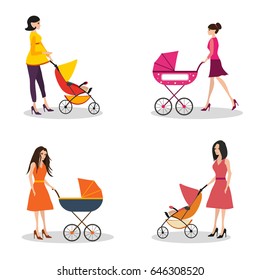 Isolated set of moms with strollers. Mom rolls a stroller. Pregnant women walks with a baby in a stroller